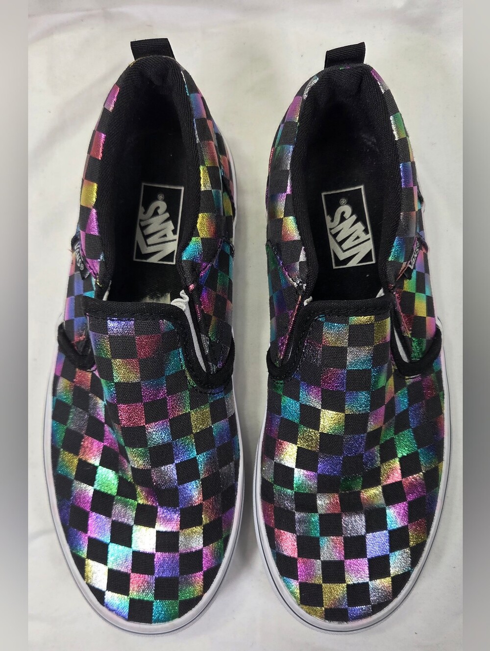 Vans Kids Slip-On Sneakers Black with Iridescent Rainbow Checkerboard Girl Sz 4 - Picture 2 of 12